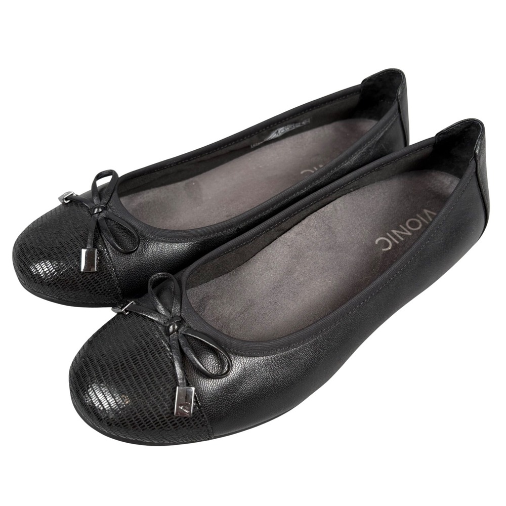 Vionic Minna Ballet Flat Women's 6.5 Black Leather Bow Orthopedic Balletcore